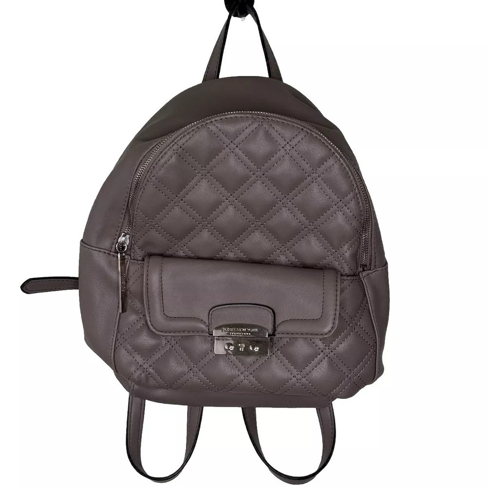 Jones New York Signature Quilted Faux Leather Mini Backpack Bag Gray Pockets